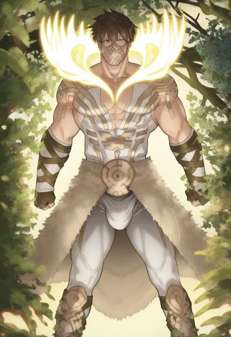 score_9, score_8_up, score_7_up, source_anime, anime screencap, anime coloring, looking at viewer, depth of field, 1boy, solo, male focus, muscular male, detailed eyes, eikþyrnir, brown hair, mask, gray eyes, bara, full body, bulge