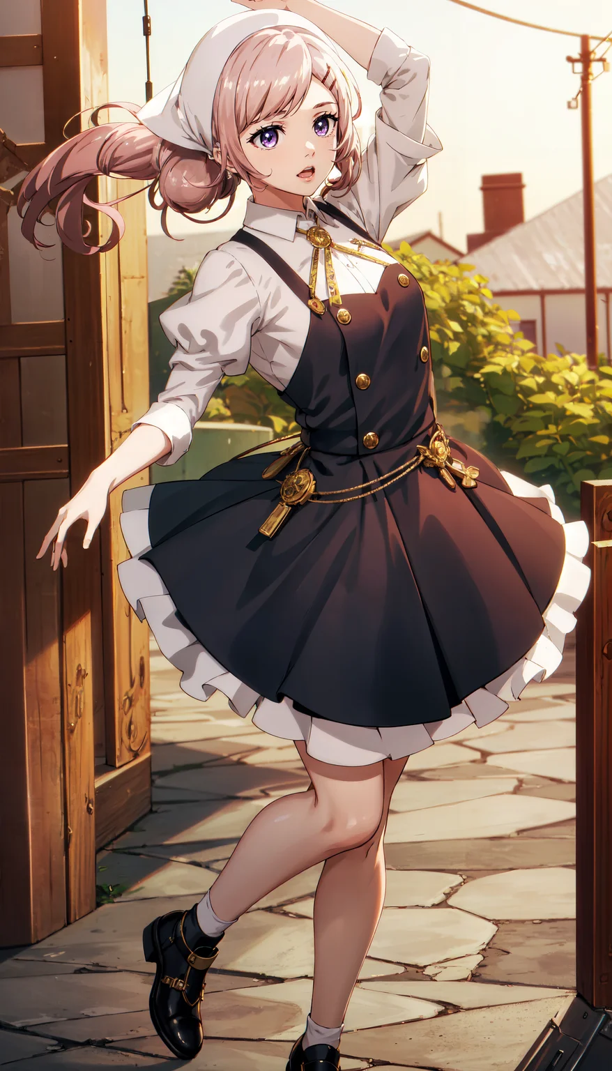 photorealistic, (4k), depth of field, (Masterpiece), (realistic skin texture), extremely detailed, intricate, hyper detailed, professional photography, bokeh, high resolution, sharp detail, best quality, woman, pink hair, purple eyes, blue dress, hairclip, white headdress, white sleeves, <lora:GoodHands-beta2:0.4>, <lora:detail_slider_v4:0.8> , dynamic pose, (wrapping arms around legs), <lora:Isabelle:0.8>,