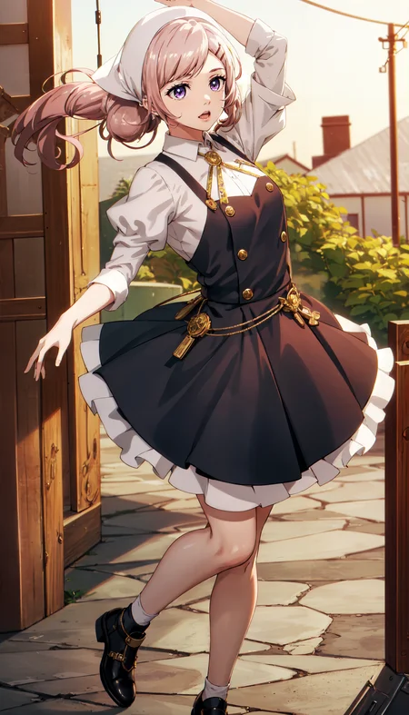 photorealistic, (4k), depth of field, (Masterpiece), (realistic skin texture), extremely detailed, intricate, hyper detailed, professional photography, bokeh, high resolution, sharp detail, best quality, woman, pink hair, purple eyes, blue dress, hairclip, white headdress, white sleeves, <lora:GoodHands-beta2:0.4>, <lora:detail_slider_v4:0.8> , dynamic pose, (wrapping arms around legs), <lora:Isabelle:0.8>,