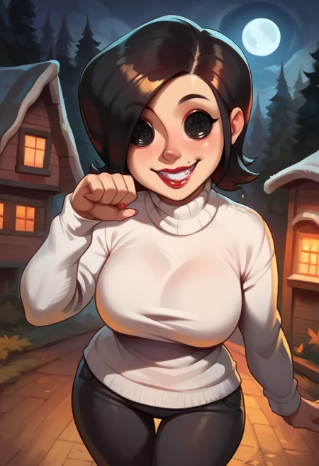 score_9, score_8_up, score_7_up, 1girl, cute pose, squeezing, looking at viewer, cowboy shot, detailed background, dynamic pose, dynamic angle, cute pose, house in the background, forest, moon, night, from above, happy,
<lora:MelJonesCoraline_character:0.8>, MotherXLP, short hair, black eyes, lipstick, buttom eyes, white sweater, pants, horror \(theme\), makeup, curvy, large breasts, <lora:Bonifasco_PonyXL_v1:0.6>