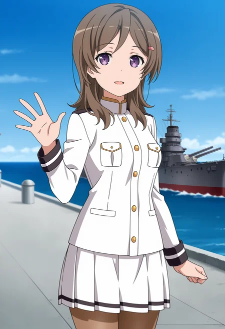 anime screencap, masterpiece, best quality,
<lora:HighSchoolFleet_ChinaMoeka_IlluXL:0.9>,
1girl, solo, open mouth, light smile,
long hair, brown hair, purple eyes, hairclip,
naval uniform, white jacket, pleated skirt, white skirt, brown pantyhose,
waving, standing, looking at viewer, cowboy shot,
horizon, dock, outdoors, battleship, warship, blue sky, blurry background