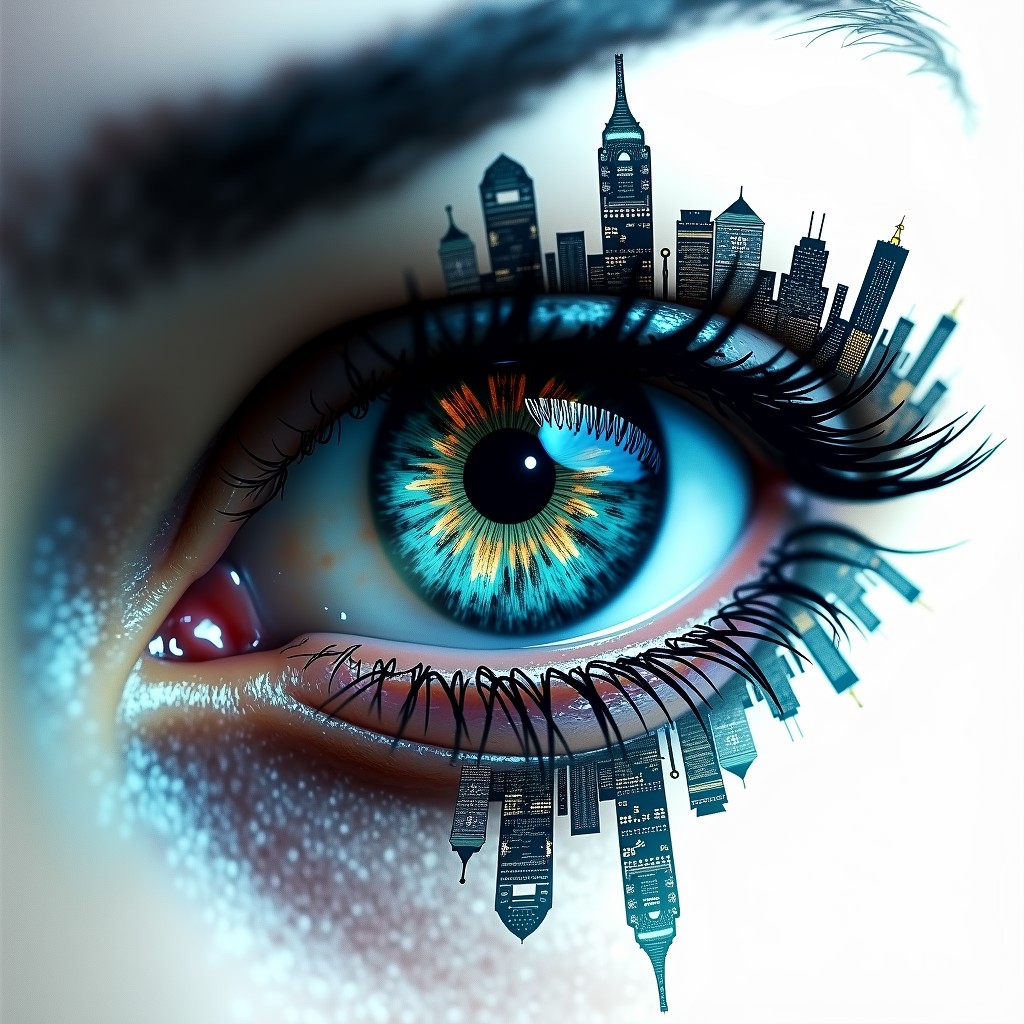 stunning image of a woman's eye, fused with an abstract, vibrant city silhouette at night, with city lights sparkling on high-rise skyscrapers and bustling streets; iris dilated. The eye is surrounded by a strong white void that creates a striking contrast and adds depth and intensity to the overall picture, hyperrealistic, digital, structured, surreal, gloomy and mysterious.