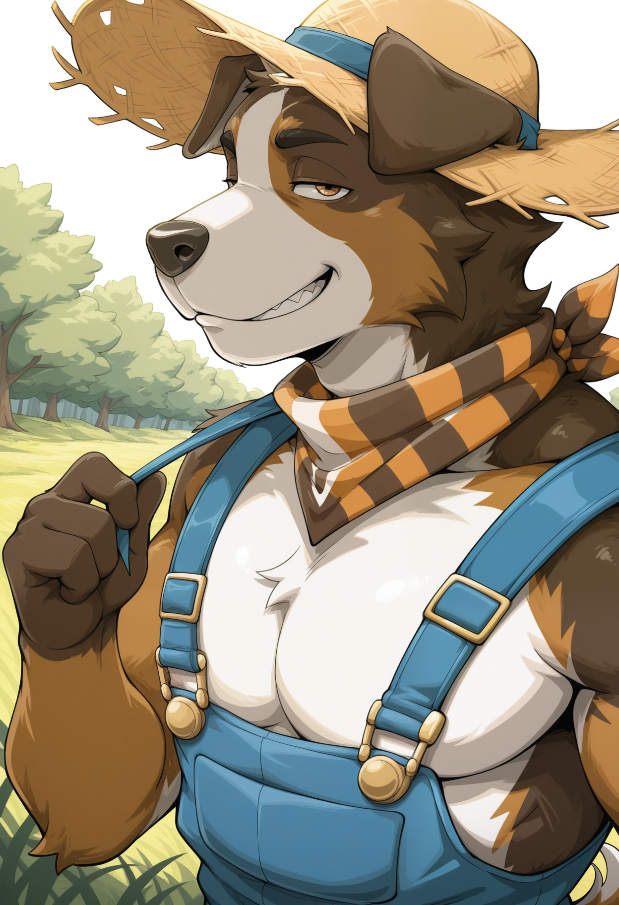 masterpiece,best quality,amazing quality, 1boy, solo, pr0t30, dog male, furry, black eyebrows, straw hat, argyle bandana, blue overalls, close up, side angle, smirk,