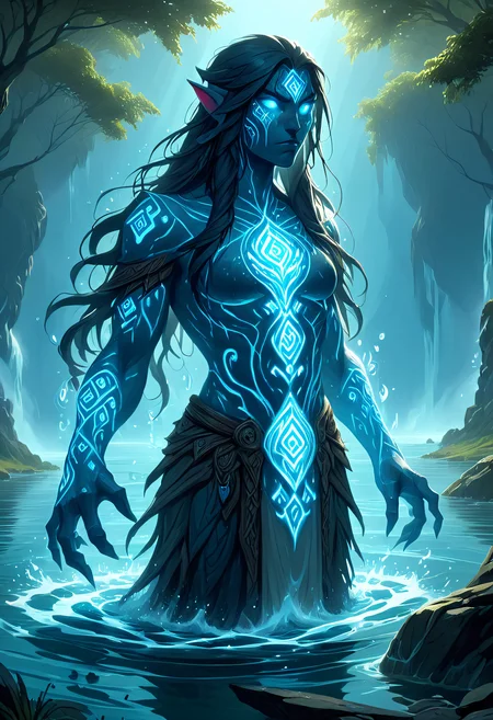Glowing Runes, a water elemental, concept art, lake background