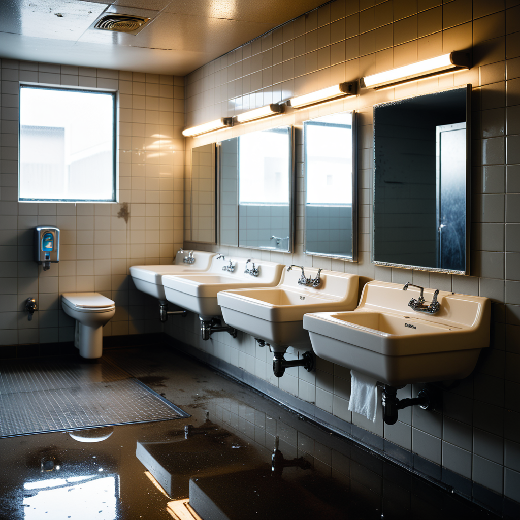 The interior of a public restroom with a utilitarian and slightly neglected design. The walls are covered in plain, slightly stained white tiles, some of which are cracked or chipped. The floor consists of large, dull gray tiles with faint scuff marks and small puddles of water near the sinks. On one side of the room, a row of metal bathroom stalls with scratched doors and faded paint lines the wall. On the opposite wall, a series of wall-mounted urinals made of white ceramic are spaced evenly, each with a metallic flush handle above. Some urinals have faint stains and water streaks, with one having a small puddle beneath it. A row of sinks with old, slightly rusted faucets sits beneath a large, streaked mirror that has smudges and water spots. Above, fluorescent tube lights buzz faintly, casting a cold, sterile glow over the space. A faint smell of cleaning chemicals lingers in the air, mixed with the dampness of the room. A hand dryer is mounted on the wall near the entrance, and a trash bin overflowing with crumpled paper towels stands nearby. The atmosphere feels functional but slightly neglected, emphasizing its everyday use.
<lora:SDXLFaeTastic2400:0.4> <lora:extremely_detailed:0.4> extremely detailed, Masterpiece,best quality,hi res,8k,hi res,8k,award winning,(sharp focus, intricate, highly detailed),