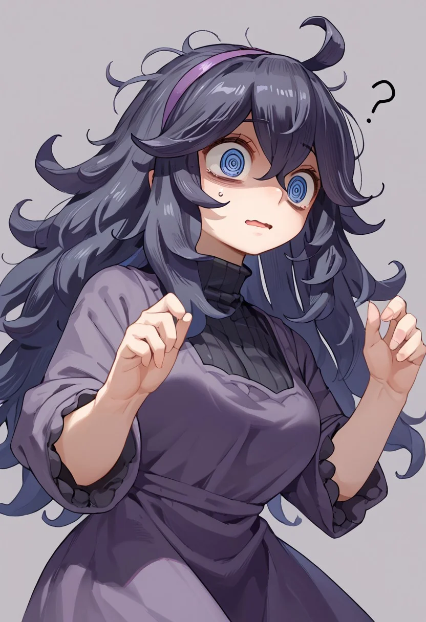 score_9, score_8, score_7, solo, 1girl,
hex maniac, purple dress, long black hair, wavy hair, messy hair, @_@