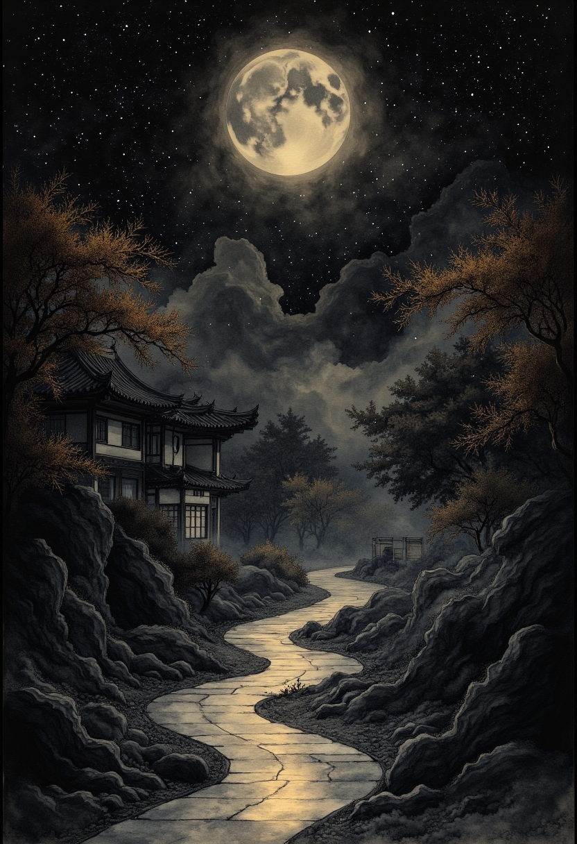 Embark on a minimalistic journey to an ethereal world, where stark contrasts of light and shadow elegantly merge with Chinese architectures intricate lines. A serene atmosphere permeates this black-and-gold landscape, shaped by delicate frostbite yet hinting at hidden warmth beneath layers of icy mist.  Intricate forms of ancient architecture emerge like silhouettes in the moonlit fog, refined through simplicity and balanceâsymbolizing timeless elegance intertwined with the unyielding forces of nature. Gold tones gracefully highlight architectural details, inviting contemplation on harmony within contrasts.  Each line is drawn with precision to express beauty through minimal elements, delicate strokes hint at complexity beneath their apparent simplicity. Negative spaces surrounding these forms serve as quiet whispers inviting the viewer into this enigmatic wintry paradox, where balance teeters between lifes extremities.  Let create this sparse yet evocative tableauâa minimalistic ode to the subtle beauty found in the cold embrace of a winter night, illuminated by moonlights ephemeral glow. Here, simplicity meets sophistication in an enchanting dance of light and shadowâa monochromatic masterpiece capturing the essence of harmonious coexistence between Chinese tradition and the frozen wilderness.  In this world of minimalist abstraction, darkness serves as both muse and constraintâshaping forms with its mysterious presence while leaving space for imagination to flourish amidst its vastness. Amidst its cold vastness, ancient treasures stand resilientâa testament to enduring beauty found in unexpected places.  Allow yourself to be drawn into this enigmatic world of shadows and light, guided by masterful brushwork. Discover the haunting beauty hidden within minimalistic lines as they create intricate stories on the blank canvas of winterâan entrancing dance between darkness and gold, between tradition and wilderness, captivating all who dare venture into its surreal embrace.  ,<lora:flux/fav/ZenInkWashSumi-eFlux.safetensors:1.0:1.0>