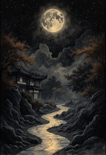 Embark on a minimalistic journey to an ethereal world, where stark contrasts of light and shadow elegantly merge with Chinese architectures intricate lines. A serene atmosphere permeates this black-and-gold landscape, shaped by delicate frostbite yet hinting at hidden warmth beneath layers of icy mist. Intricate forms of ancient architecture emerge like silhouettes in the moonlit fog, refined through simplicity and balanceâsymbolizing timeless elegance intertwined with the unyielding forces of nature. Gold tones gracefully highlight architectural details, inviting contemplation on harmony within contrasts. Each line is drawn with precision to express beauty through minimal elements, delicate strokes hint at complexity beneath their apparent simplicity. Negative spaces surrounding these forms serve as quiet whispers inviting the viewer into this enigmatic wintry paradox, where balance teeters between lifes extremities. Let create this sparse yet evocative tableauâa minimalistic ode to the subtle beauty found in the cold embrace of a winter night, illuminated by moonlights ephemeral glow. Here, simplicity meets sophistication in an enchanting dance of light and shadowâa monochromatic masterpiece capturing the essence of harmonious coexistence between Chinese tradition and the frozen wilderness. In this world of minimalist abstraction, darkness serves as both muse and constraintâshaping forms with its mysterious presence while leaving space for imagination to flourish amidst its vastness. Amidst its cold vastness, ancient treasures stand resilientâa testament to enduring beauty found in unexpected places. Allow yourself to be drawn into this enigmatic world of shadows and light, guided by masterful brushwork. Discover the haunting beauty hidden within minimalistic lines as they create intricate stories on the blank canvas of winterâan entrancing dance between darkness and gold, between tradition and wilderness, captivating all who dare venture into its surreal embrace. ,<lora:flux/fav/ZenInkWashSumi-eFlux.safetensors:1.0:1.0>
