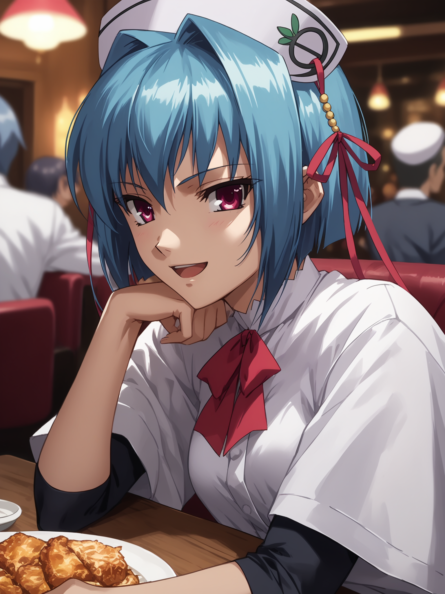 <lora:happy_tentacle-chouun-v0.5-000010:0.9>, ht_chouun, hat, hat ribbon, indoors, restaurant, table, (people:1.2), on lap , medium breasts, blue hair , (close-up:0.7), 1girl, (petite:1.2), solo focus, smile, open mouth, (looking at viewer:1.1), sidelighting, (depth of field:0.8), , [(realistic, photorealistic:1.2):(realistic:1.3):22], [(3d:1.2)::10], <lora:LUUNA's Lunas-NijiJourney-SDXL-B2:0.75>, nijijourney, <lora:prgfrg23's Counterfeit-V3.0 Style SDXL_LoRA_Pony Diffusion V6 XL:0.3> <lora:Shed_The_Skin's StS_age_slider_v1_initial_release:-1.2>, score_9, score_8_up, score_7_up, score_6_up, score_5_up, score_4_up,