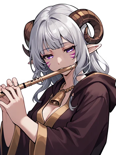 <lora:flute:0.8> flute, holding instrument,, source_furry, score_7_up, rating_safe, cowboy shot, gold necklace, tiefing, short pointed ears,brown horns, (a pair of brown sheep Horns that begin at her temples and curve back: 1.5), bangs,long silver hair long wavy hair, pale skin,<lora:whisker_markings:0.8> whisker_markings:1.4 , pointy ears, purple eyes:1.2, <lora:age_slider_v4:0.6> medium breasts, skinny female, close up, silver hair, <lora:Tieflingnew weird fantasyDND:0.3> Tiefling, pointed ears, horns, half-closed eyes:1.5,<lora:Smooth Style 2 SDXL_LoRA_Pony Diffusion V6 XL:0.5> shepherd's crook, bell, robe, hood off, <lora:Nanoless_Artist_Style_PonyXL:0.3> shaded face:1.2,