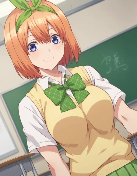 score_9, score_8_up, score_7_up, source_anime,
yotsubanakano, <lora:yotsuba-nakano-s1-ponyxl-lora-nochekaiser:1>,
yotsuba nakano, bangs, short hair, blue eyes, hair between eyes, hair ribbon, hairband, orange hair, green ribbon, mature female,
skirt, shirt, bow, ribbon, school uniform, white shirt, short sleeves, pleated skirt, collared shirt, miniskirt, bowtie, kneehighs, green skirt, green bow, sweater vest, green ribbon, yellow sweater vest,
indoors, classroom, smile,
looking at viewer, cowboy shot, dutch angle, solo,