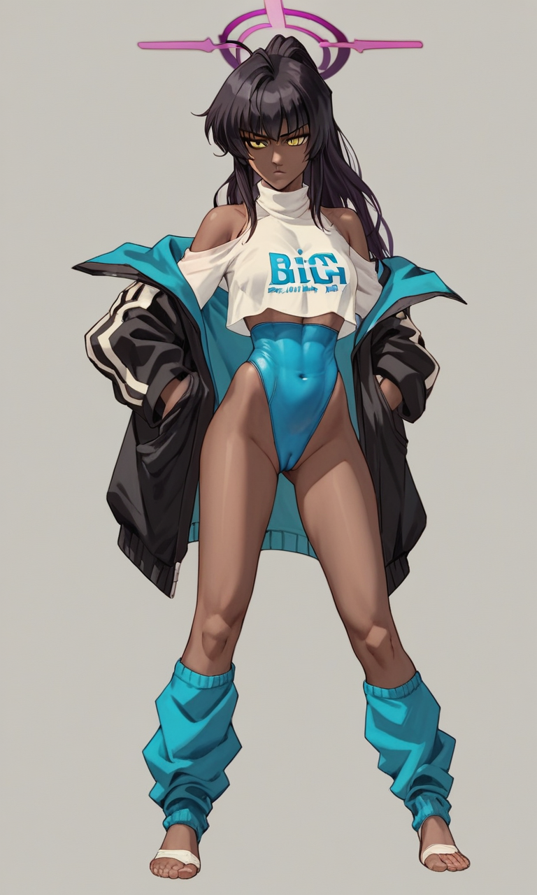 source_anime, ((score_9)),score_8_up,score_7_up,score_6_up,score_5_up,score_4_up, retro_workoutwear, 1woman, source_bleach, Karin_(Blue_Archive), dark-skinned_female, yellow eyes, halo, 1980s_(style), aerobics, stirrup_legwear, open-bust_leotard, off_shoulder, highleg_leotard, leg_warmers, thong_leotard, aerobics, cropped_sweater, neon, leggings, tented_shirt, cameltoe, skintight, see-through