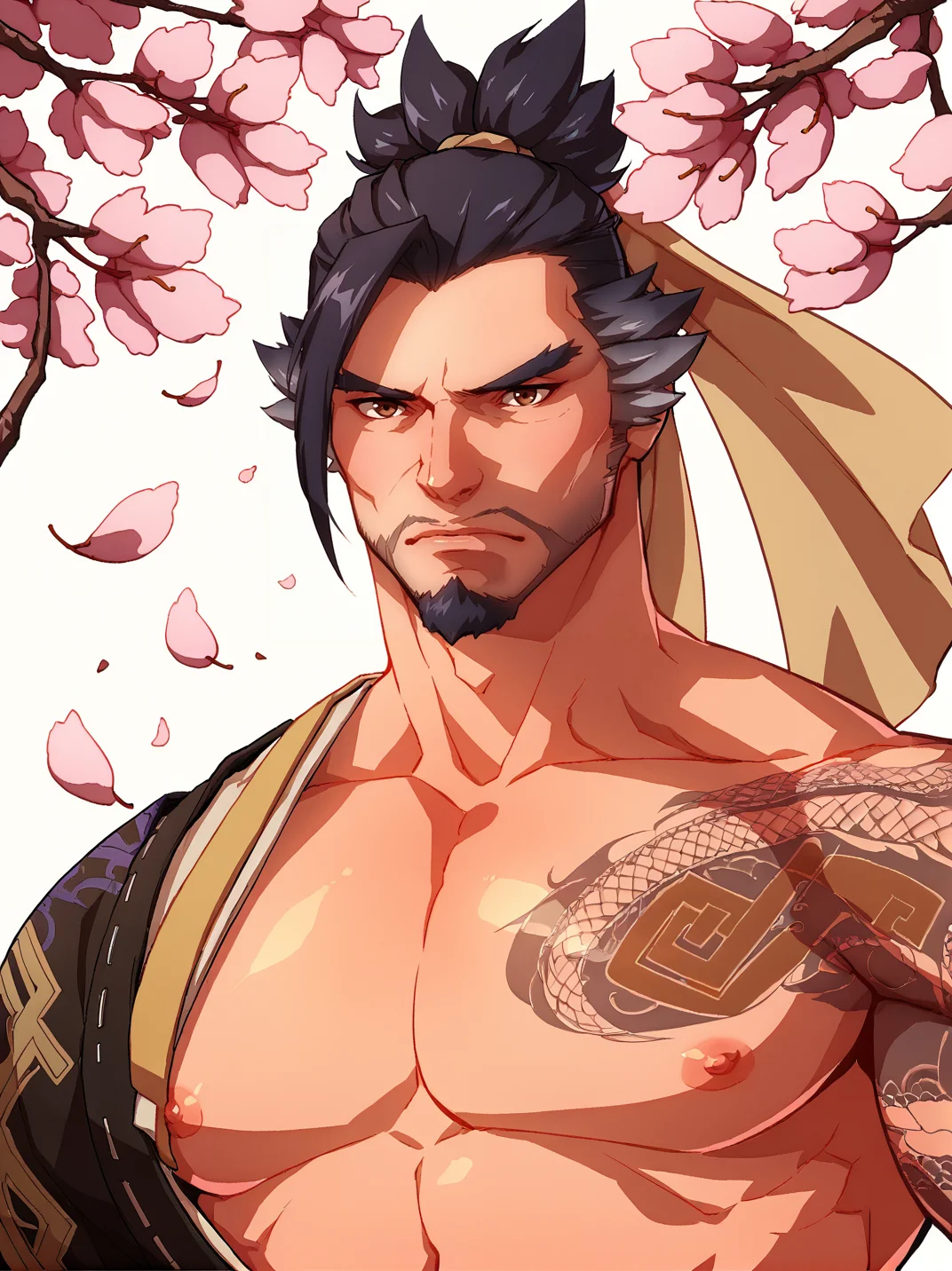 Hanzo_OW man, bara, black hair, ponytail, dark brown eyes, goatee, facial hair, ((hadanugi dousa)), arm tattoo, japanese cherry blossom background, looking at viewer, nipple, stern expression, furrowed brow <lora:Hanzo_Shimada_OW1:.9>, score_9, score_8_up, score_7_up, <lora:add-detail-xl:.8> zPDXL3,