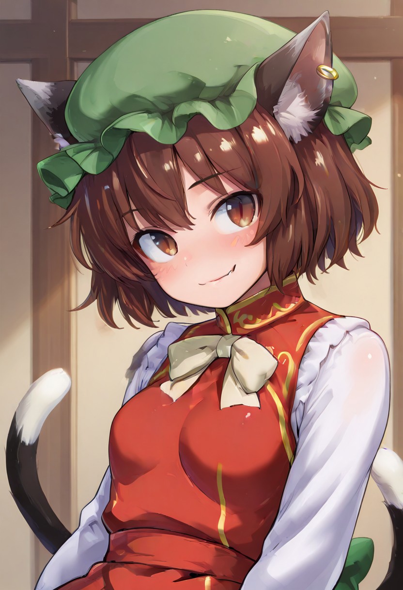 best quality, hires, 
chen, 1girl, solo, brown hair, short hair, brown eyes, cat tail, two tails, cat ears, fang, mob cap, green hat, single earring, red dress, smile, blush, upper body, medium breast