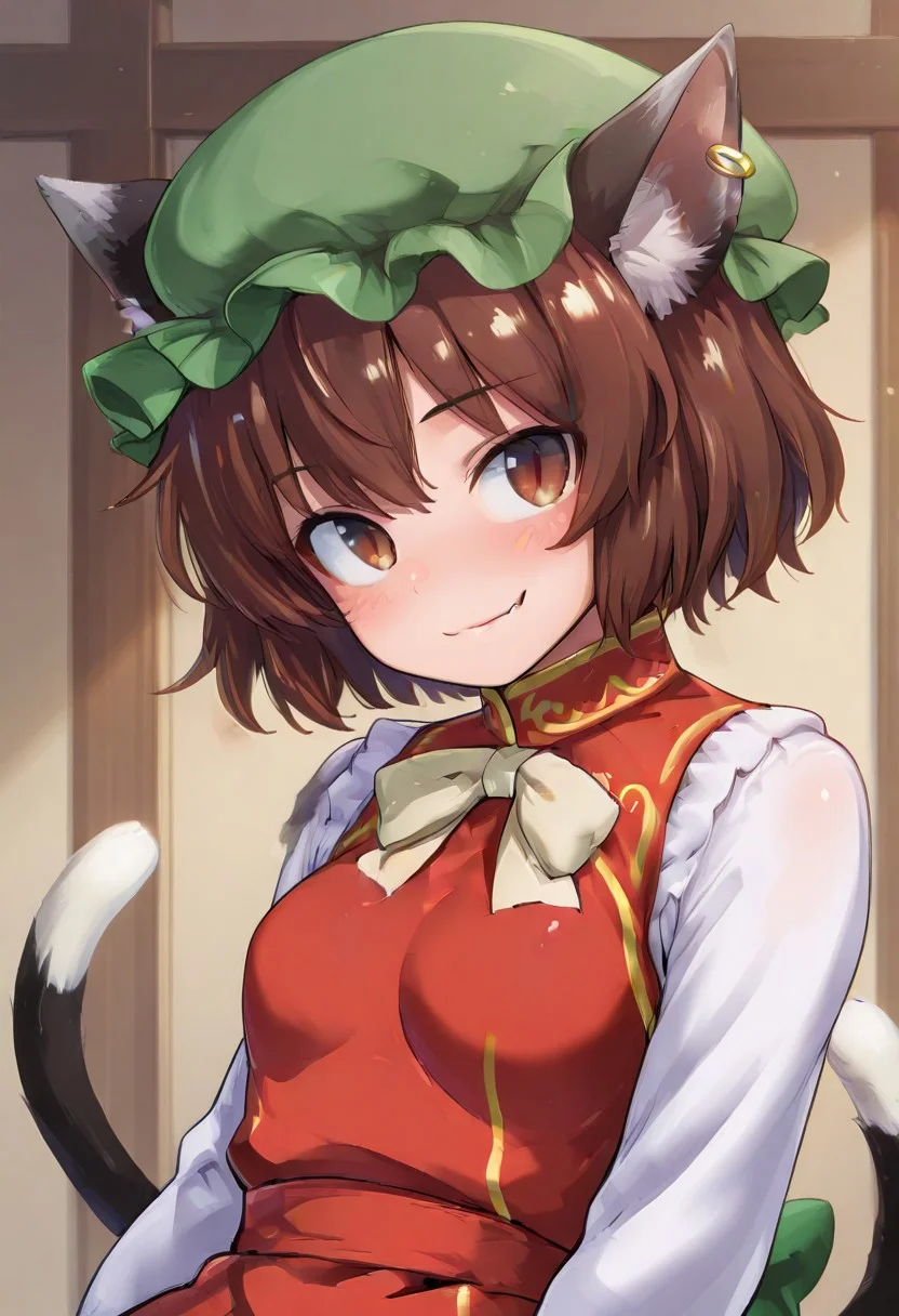 best quality, hires,
chen, 1girl, solo, brown hair, short hair, brown eyes, cat tail, two tails, cat ears, fang, mob cap, green hat, single earring, red dress, smile, blush, upper body, medium breast