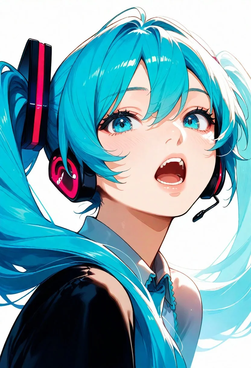1girl, hatsune_miku, teeth, lips, thin lips, solo, looking at viewer, open mouth, upper body, masterpiece, best quality, very aesthetic