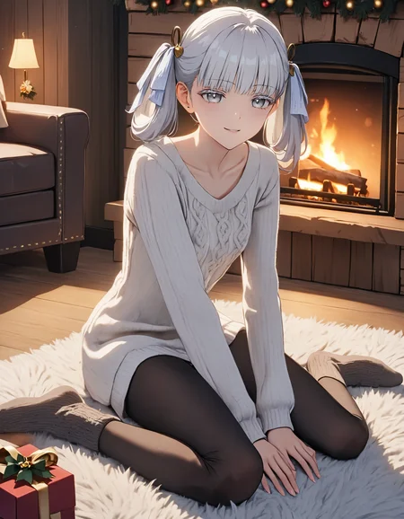 masterpiece, best quality, 8K, very aesthetic, UHD, volumetric lighting, natural lighting, highly detailed, intricate details, 1girl, casual outfit, home clothes, white oversized wool sweater, tights, wool socks, twintails, white eyelashes, white hair, white eyes, cute smile, lifelike female body, perfect female body shape, narrow waist, sitting on a rug, leaning forward, tilting her head, dim light, christmas decorations, fireplace, night, cozy wooden house, <lora:Jinhsi_V1.11:0.7>