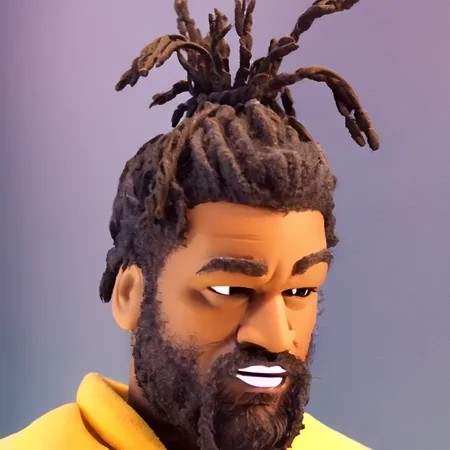 a photo of a cinematic still of rhwrld , dreads in a bun in the style of rbtchkn <lora:riiahworldxl:1> rhwrld <lora:jcoleXL:0.7> robot chicken, rbtchkn, robot chicken tv show, stop motion, depth of field , close up