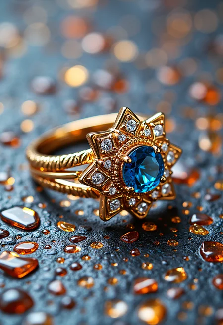 high quality, highly detailed, colorful, abstract, fantasy, fantasy background, The image is a close-up of a luxurious ring. The ring is made of gold and has a unique design. The center of the ring is a large, round, blue gemstone that is set in a gold band. The gemstone is surrounded by smaller, white diamonds that are arranged in a symmetrical pattern. The diamonds are of different sizes and shapes, creating a sense of depth and dimension.  The ring is resting on a black surface, making the gold and gemstone stand out even more. The background is completely black, highlighting the ring and its intricate details. The overall mood of the image is elegant and luxurious., Infrared Lens, camera angle is high angle shot, tilt shift, Sony a9 II Mirrorless Camera, radiant god rays<lora:FLUX\Enhancer\New Fantasy CoreV2.safetensors:0.8:0.8> <lora:FLUX\Style\Pumpkin_Carving__Carved_Pumpkin_Flux.safetensors:0.6:0.6>