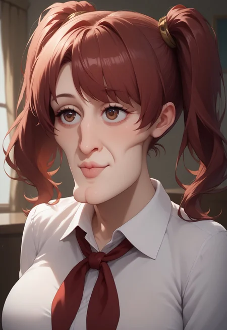 safe_pos, safe_pos, score_9,score_8_up,score_7_up <lora:Expressive_H:1>,expressiveh,detailed eyes, beautiful, detailed background, perfect eyes, ,expressive,1 girl,visual novel character,sexy 20 years old girl,solo,<lora:AlicePonyV1_close:0.8>,mi(short hair,red hair,twintails,shoulder-length ponytails,brown eyes,big breasts,), 1 girl, solo, red hair, brown eyes, big breasts, white collared shirt, plain red neckerchief, smile, view of the viewer, upper body,