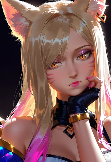 1girl, ahri \(league of legends\), k/da ahri, league of legends, animal ears, black background, black gloves, black shirt, brown eyes, fox ears, gloves, hand on own cheek, hand on own face, head tilt, long hair, looking to the side, nose, portrait, pout, realistic, shadow, shirt, solo, white hair, fingernails, bracelet, pink lips, sidelocks, long fingernails, simple background, blonde hair, facial mark, lipstick, pink nails, half-closed eyes, eyelashes, hair over one eye, bare shoulders, sleevele, whisker markings, slit pupils, jewelry, alternate eye color, closed mouth, mascara, lips, fox girl, high collar, multicolored hair, fingerless gloves, sleeveless shirt, gold bracelet, looking at viewer, k/da \(league of legends\), streaked hair, makeup, official alternate costume, animal ear fluff<lora:nyaliaXL_NB11_lokr_V531:0.95>