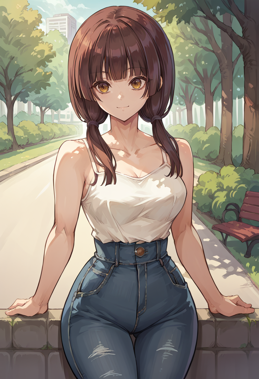 score_9, score_8_up, source_anime, 1girl, solo, HarumiTaniguchi, yellow eyes, brown hair, long hair, low twintails, blunt bangs, blunt ends, outdoors, park, summer, white camisole, high-waist jeans, smile, <lora:ChamHarumiTaniguchiPonyXL:1>