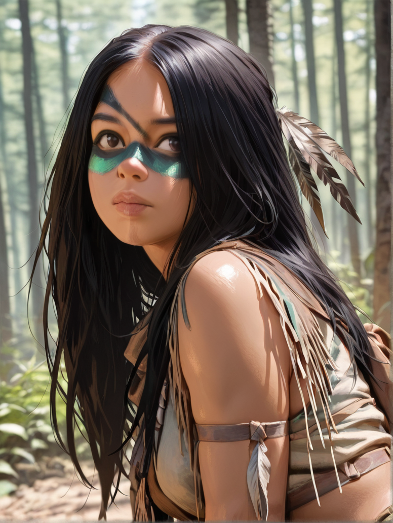 masterpiece, best quality, amazing quality, very aesthetic, absurdres,  newest, detailed background, upper body, outdoors, dynamic angle, 4k, 8k, jungle
naruprey, solo, 1girl, black hair, long hair, green facepaint, black facepaint, multicolor facepaint, feather hair ornament, tribal, realistic, 
 <lora:Naru_-_Prey_Illustrious:1>