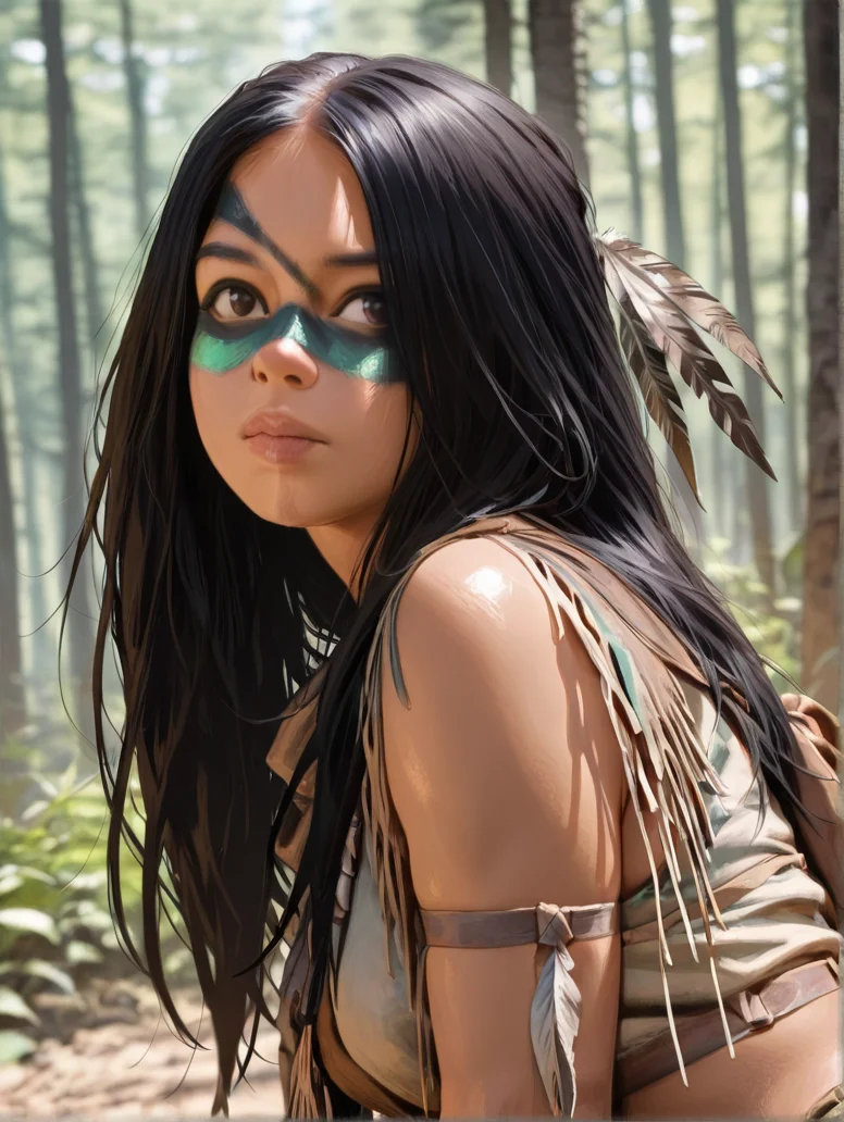 masterpiece, best quality, amazing quality, very aesthetic, absurdres,  newest, detailed background, upper body, outdoors, dynamic angle, 4k, 8k, jungle
naruprey, solo, 1girl, black hair, long hair, green facepaint, black facepaint, multicolor facepaint, feather hair ornament, tribal, realistic, 
 <lora:Naru_-_Prey_Illustrious:1>