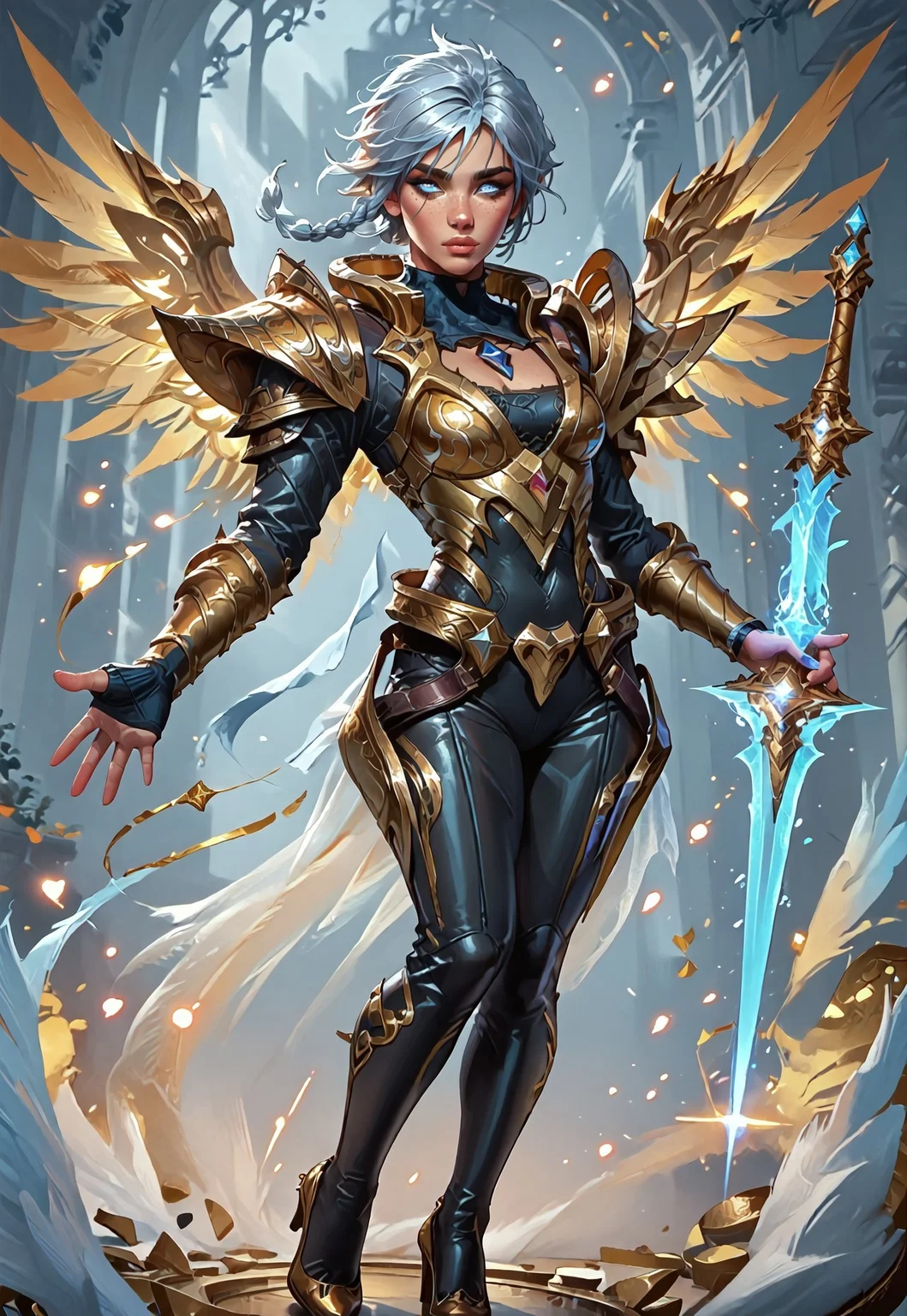((zPDXL3)), ((masterpiece,best quality, highly detailed)), ((score_9)), score_8_up, score_7_up, score_6_up, score_5_up, score_4_up, ((EnhanceImage)), solo, DBRiven, silver hair, golden armor, black bodysuit, bodysuit, golden shoulder armor, sidebraid, silver eyes, cleavage, short hair, gold shoes, heels, wings, angel wings, blue hand, sword, Expressiveh, tanned-skin, 30yo, adult lustful confident woman, petite, slender body, perky saggy natural breasts, full lips, bangs, sidelocks, straps,
chinese magical sorceress, animated, swirling magic, wisps of magic, dancing pose, tight squeezed outfit, magical accessories, evoking motion, conveying motion, dynamic splash art
<lora:PainterlyFantasiaPDXL:0.6>