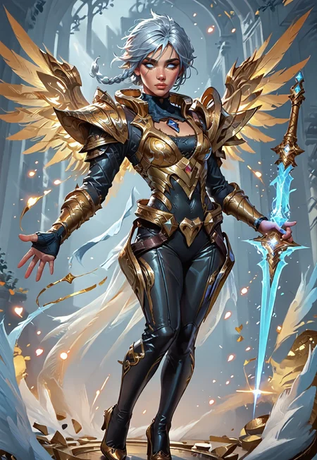 ((zPDXL3)), ((masterpiece,best quality, highly detailed)), ((score_9)), score_8_up, score_7_up, score_6_up, score_5_up, score_4_up, ((EnhanceImage)), solo, DBRiven, silver hair, golden armor, black bodysuit, bodysuit, golden shoulder armor, sidebraid, silver eyes, cleavage, short hair, gold shoes, heels, wings, angel wings, blue hand, sword, Expressiveh, tanned-skin, 30yo, adult lustful confident woman, petite, slender body, perky saggy natural breasts, full lips, bangs, sidelocks, straps,
chinese magical sorceress, animated, swirling magic, wisps of magic, dancing pose, tight squeezed outfit, magical accessories, evoking motion, conveying motion, dynamic splash art
<lora:PainterlyFantasiaPDXL:0.6>