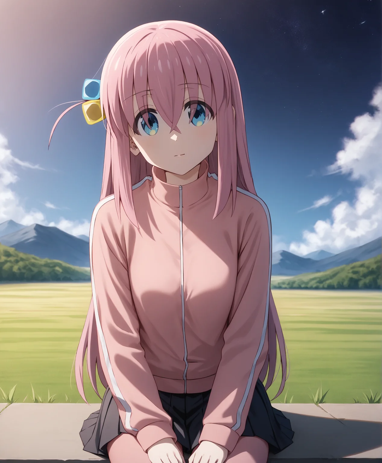 score_9, score_8_up, score_7_up, highres, hi res, best quality, masterpiece, 2d, intricate details, 4k, anime coloring, shadow, uncensored,
1girl, solo, female, long hair, blue eyes, hair ornament, hair between eyes, pink hair, one side up, cube hair ornament,
skirt, long sleeves, jacket, pleated skirt, pants, black skirt, track jacket, pink jacket, track suit, track pants, pink pants, pants under skirt,
sitting, leaning forward, cowboy shot, head tilt, looking up, looking at another,
outdoors, on grass, field, depth of field, mountain, horizon, outdoors, forest, field, night, sky, night sky, star \(sky\), starry sky, bocchi the rock!, gotoh hitori, <lora:Hitori_Gotou_1024_Pony:1>,
