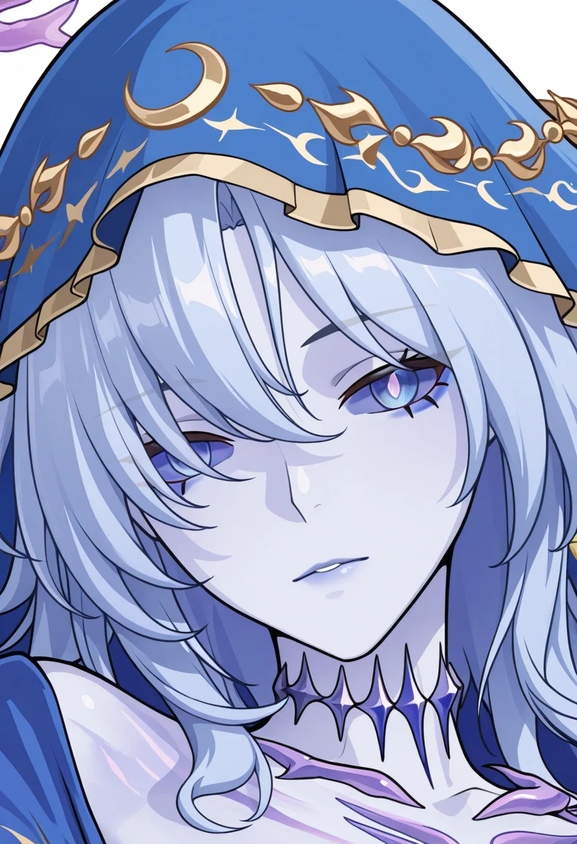 1girl, solo, lorelei wuthering waves, colored skin, blue hair, halo, blue eyes, colored sclera, looking at viewer,
veil, crescent,
closeup, white background, solid background,
<lora:Character_Lorelei:0.9>