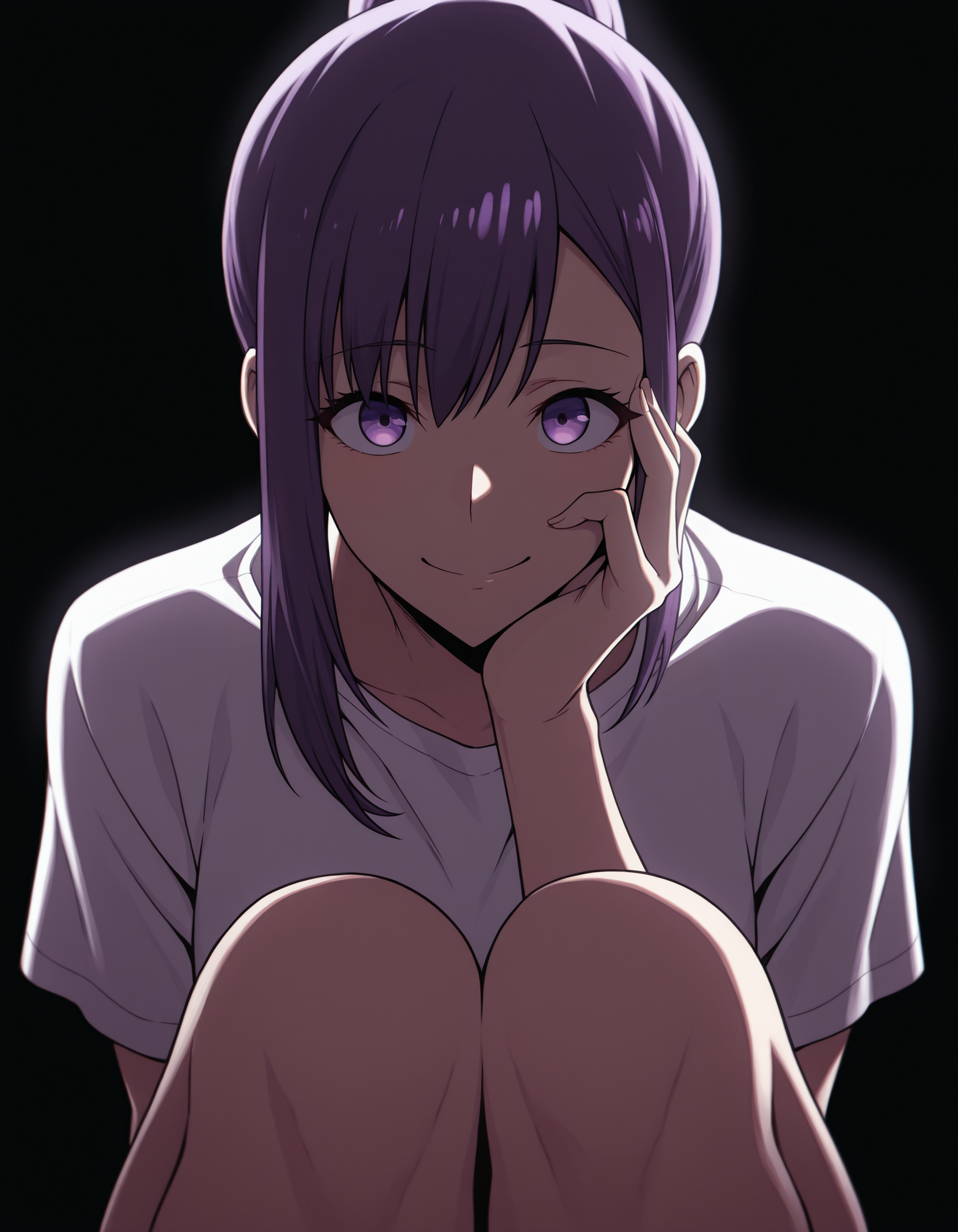 <lora:Jin Ah Illu:1> 1girl, solo,
jin-ah, purple eyes, purple hair, ponytail, sidelocks,
sitting, knees up,  white tshirt, upper body, 
straight-on, hand on own cheek, smile, dark room,, masterpiece, best quality, amazing quality, simple background, black background,