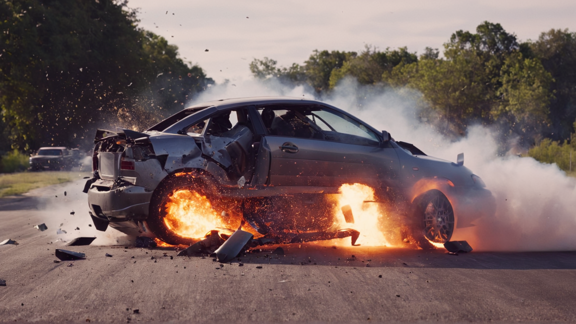 cinematic film still of  <lora:Unreal Engine style:0.3>
 <lora:detailed:0.3>
<lora:perfection style:0.3>
 <lora:Chiaroscuro Lighting Style:0.1>
 <lora:Fine art photography style:0.3>
 <lora:sports car style:0.9>
a futuristic motorcycle with a car in the background,no humans,night,ground vehicle,motor vehicle,car,vehicle focus , impact, crash, explosion, destruction, strike, wreck, smash, exploding cars, wrecked cars, cinematic shot, film, different color, real, collision, road rage, sport cars, sports car, car race, dismembering, falling, flying, accident, disaster, cinematic explosion, chaos, disintegration, high speed, vehicle, different sports car, flying debris, Muzzle blast, broken glass, sports car style, shallow depth of field, vignette, highly detailed, high budget, bokeh, cinemascope, moody, epic, gorgeous, film grain, grainy