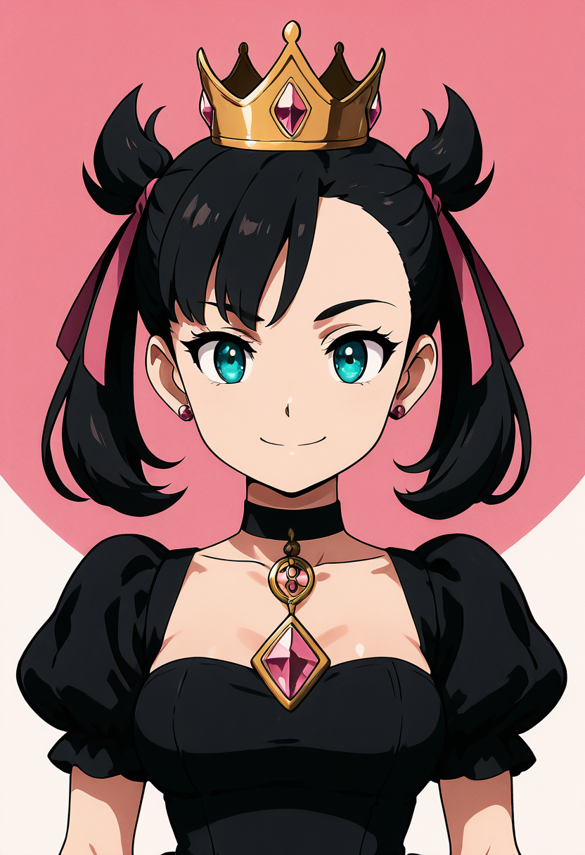 masterpiece, best quality, 1girl, solo, eyelashes, (beautiful eyes), shiny skin, looking at viewer, smile,    zzShadowMarnieCitron, aqua eyes, black hair, hair ribbon, medium hair, asymmetrical bangs, twintails, mini crown,   black dress, puffy short sleeves, black choker, gem, pink ribbon, pink gloves, bow, large breasts, chiaroscuro,  white background, pink background,  (straight-on),  <lora:ShadowHimeMarnieCitronOCIXL_v3:1.0>,  upper body, si