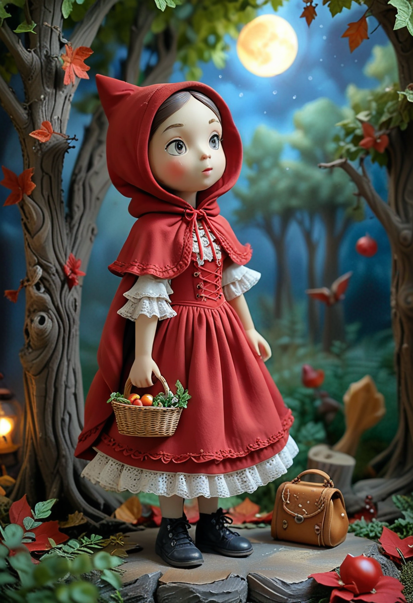 masterpiece, best quality, (curious red riding hood) young character, wearing a dark red hooded cape, lace-up bodice, long skirt with lace trim, leather shoes , bonnet, set in  a serene woods, with rustling leaves, dappled sunlight, a gentle breeze, birds singing, and a sense of peace, under the moonlight, at night, smiling