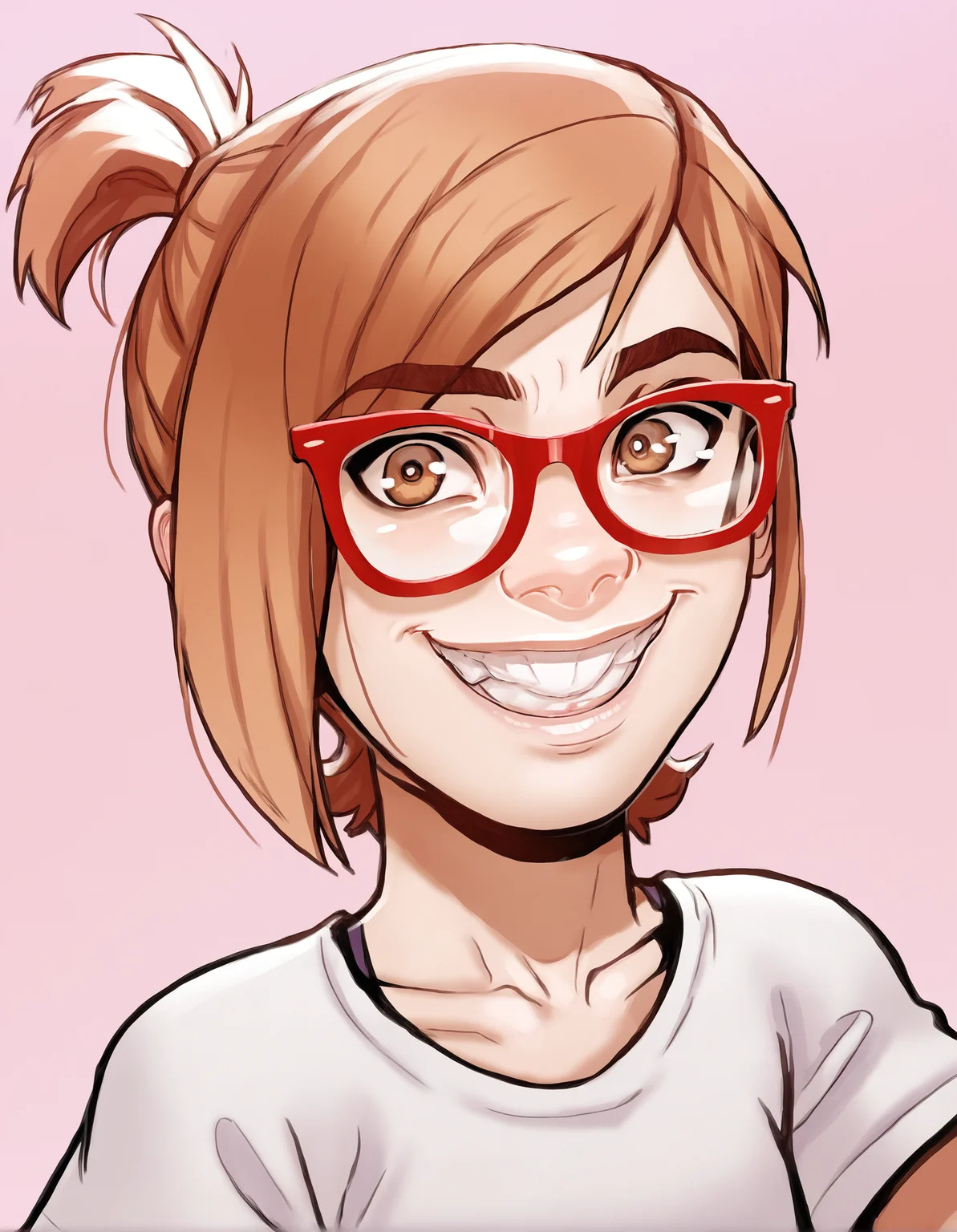 Darcy, teeth, 1girl, glasses, brown hair, solo, brown eyes, smile,shirt, looking at viewer, red-framed eyewear, short hair, lips ,simple background,upper body,portrait, looking at viewer, cowboy shot, score_9, score_8_up, score_7_up, score_6_up, score_5_up, score_4_up, <lora:Darcy2.0Pony (1):1>