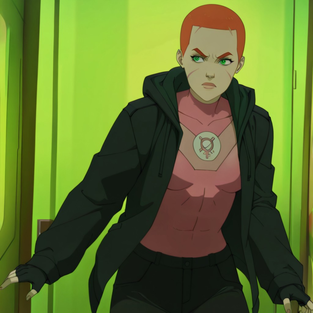masterpiece, best quality, newest, absurdres, highres, ALTEVE-INVPACK.V1.0  1girl, short hair, orange hair, redhead, jacket, open jacket, pink shirt, AT0MEVE-OUTFIT-SHIRT, fingerless gloves, gloves, green eyes, scar, hooded jacket,