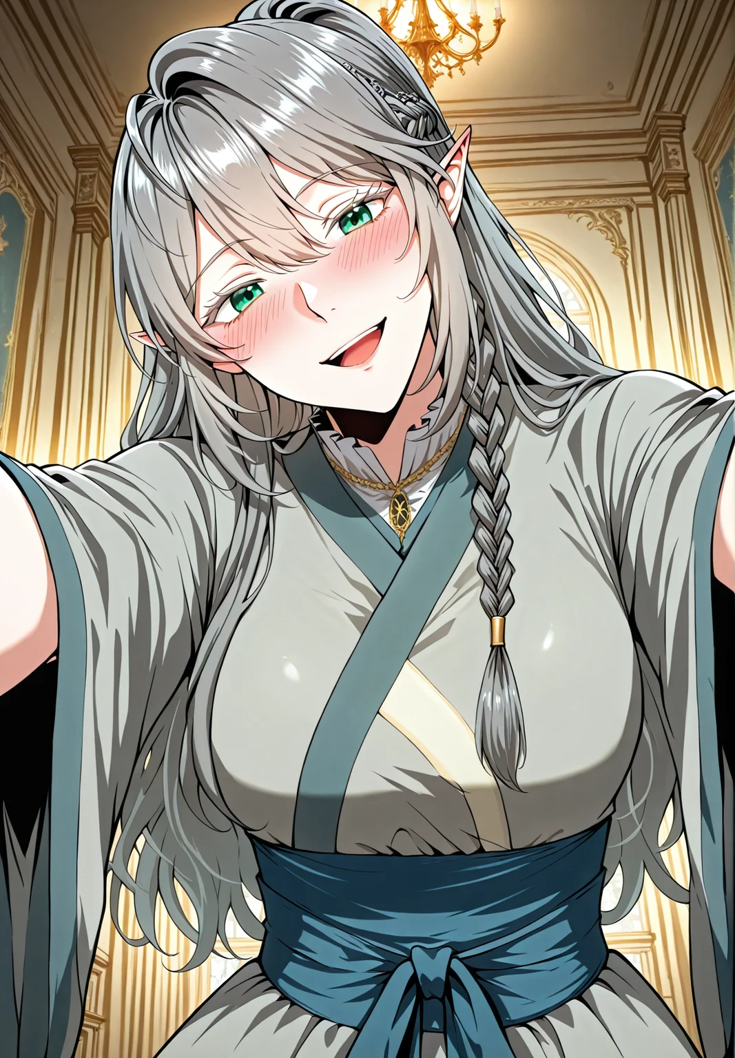 <lora:Tessia_Eralith__The_Beginning_After_the_End__Illustrious_v1-000008:1>
1 girl, solo, elf, pointy ears, green eyes, grey hair, braid, side braid, french braid, hair bettween eyes, bangs, long hair, ahoge
grey dress, long sleeves, long sleeves, wide sleeves, ponytail, blue sash, bracelete
score_9, score_8_up, score_7_up, score_6_up, source_anime, rating_explicit, 1girl, solo, smile, embarrassed, alcalose eyes, open mouth, mansion, indoors, looking at viewer, outstretched arms, pov, close-up, (head tilt:1.2), <lora:iLLMythG0thicL1nes:1>