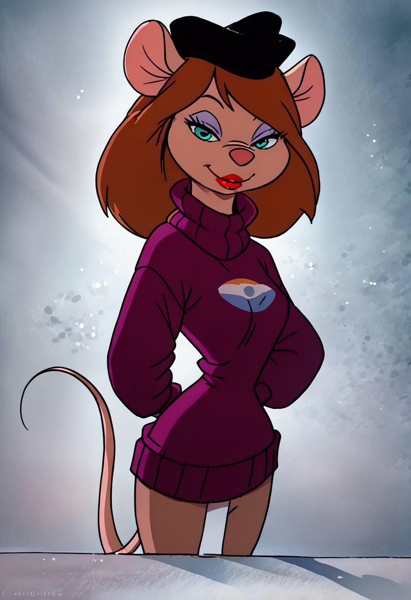 score_9, score_8_up, score_7_up, toon \(style\),ultra high quality,ultra high resolution,ultra ,full body, seductive, very realistic,(extremely detailed), detailed background,,(masterpiece, best quality, high quality, highres, ultra-detailed), ,long legs,  <lora:Desiree_DAllure_Chip_n_Dale_Rescue_Rangers:0.9> desiree d'allure, anthro, furry, mouse, mouse ears, , black headwear, long sleeves, red lips, light purple eyeshadow, brown hair, short bob cut, side-swept bangs, toon (style), purple sweater, turtleneck sweater, aqua eyes, flat color, narrow waist,upper body,perfect eyes,perfect lips,seductive smile,thick lips,long eyelashes,bedroom eyes,breasts pressed together,arms in front,