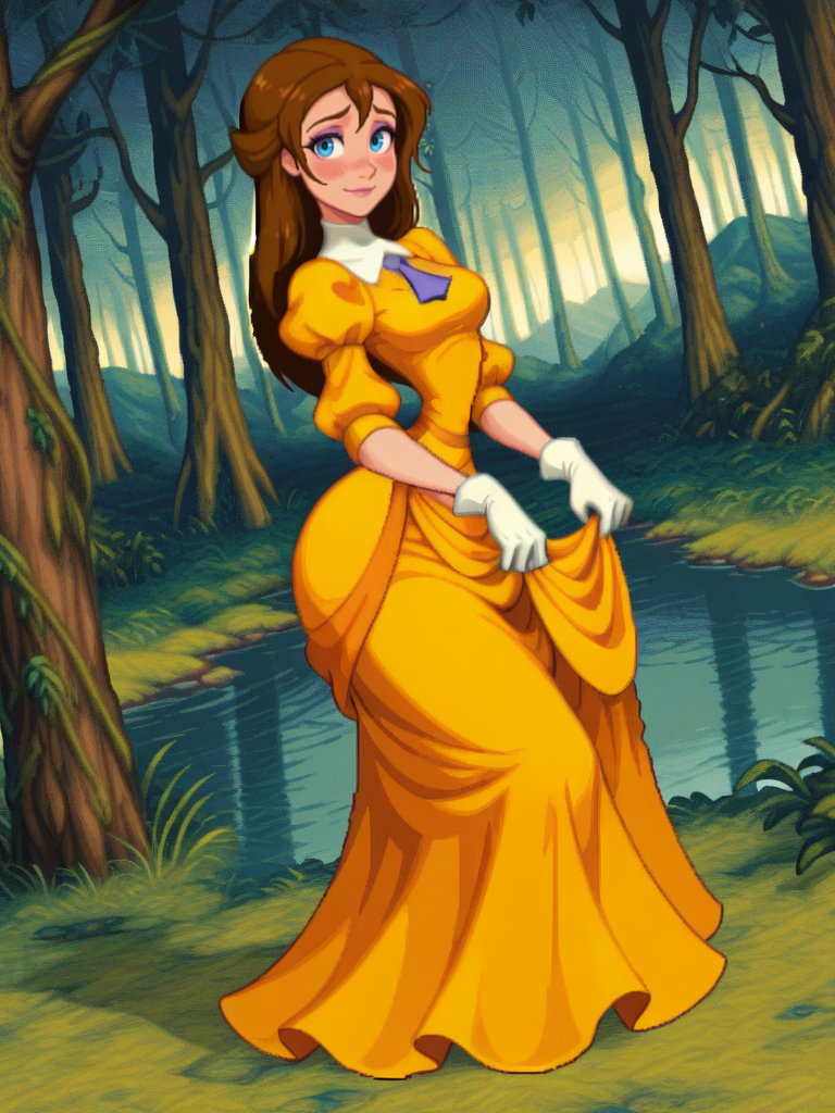 , narrow waist, wide hips, thick thighs,
1girl, medium breasts, (JaneXL:1.1), long hair, brown hair, blue eyes, yellow dress, puffy sleeves, white gloves, skirt, makeup,
light smile, dutch angle, shy pose, shy, looking at viewer, forest, lake, vegetation, daylight, dynamic pose, from side, dress lift, 
<lora:JanePorterXL_Character:0.7>  <lora:dnfstyle-IL:1> 1girl,solo,dnfstyle,pixel art,full body,,