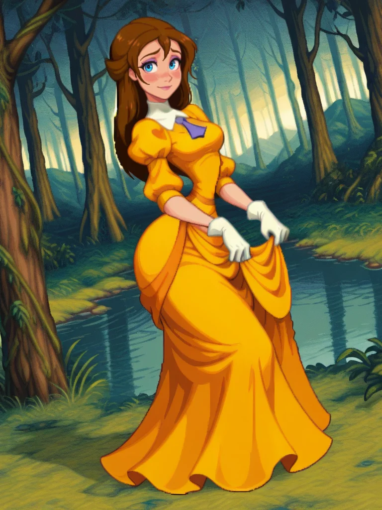 , narrow waist, wide hips, thick thighs,
1girl, medium breasts, (JaneXL:1.1), long hair, brown hair, blue eyes, yellow dress, puffy sleeves, white gloves, skirt, makeup,
light smile, dutch angle, shy pose, shy, looking at viewer, forest, lake, vegetation, daylight, dynamic pose, from side, dress lift,
<lora:JanePorterXL_Character:0.7> <lora:dnfstyle-IL:1> 1girl,solo,dnfstyle,pixel art,full body,,