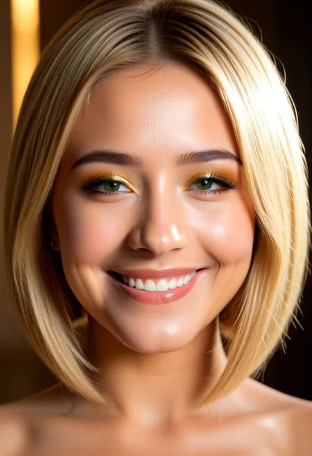 (masterpiece:1.3), (best quality:1.3), (ultra-detailed:1.3), 8K, high resolution, volumetric lighting, hyperrealistic, skin texture, beautiful, BREAK 1girl, close-up, portrait, egyptian teen girl, 18 years old, golden olive skin, sleek asymmetrical bob haircut, blonde hair with gold highlights, bold cat-eye eyeliner, full lips with gloss, perfect glowing skin, emerald green eyes, confident smile, high detail, photorealistic, volumetric lighting, solo