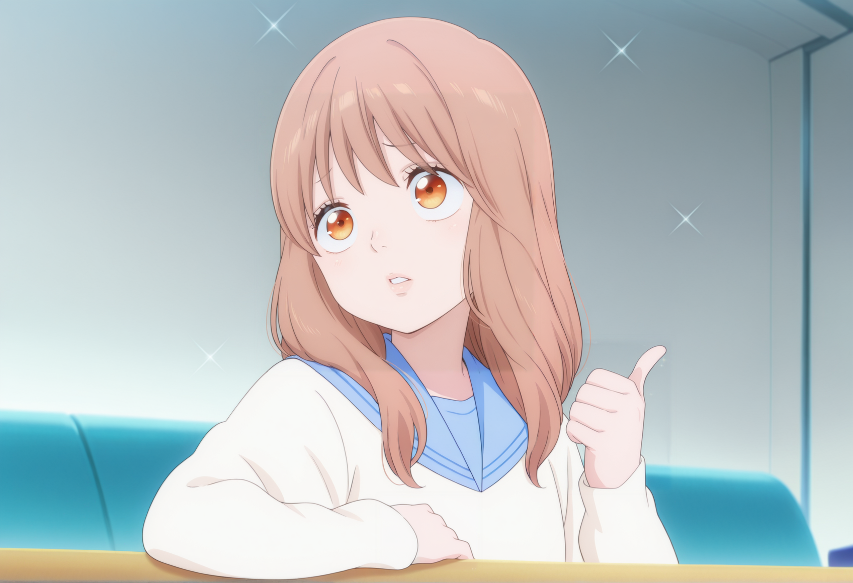 anime screenshot, anime screencap, anime coloring,  look_at_my_tsukasa, parody, sparkles, upper body, thumbs up, table, 1girl, long hair, brown hair, orange eyes, parted lips, sailor collar, sweater <lora:Rinko_ore_monogatari_illus:1>, indoors, stadium interior <lora:Look_at_my_Tsukasa_medalist_meme:1>, masterpiece, best quality, amazing quality, very aesthetic, absurdres, highres, newest