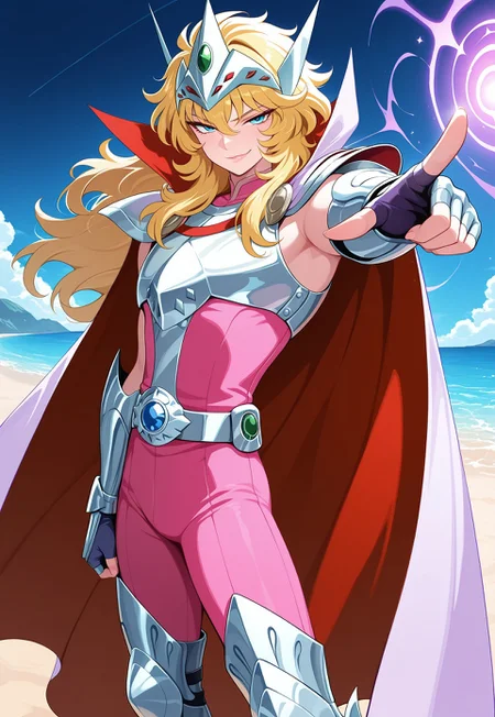 masterpiece, best quality, amazing quality, intricate, hyper-detailed, excellent, ultra-high resolution, (lineless:1.2), (((1man, male, solo)), beach, SS_MIS, 1boy, male focus, blue eyes, tsurime, light pink lipstick, blonde hair, wavy hair, long hair, circlet, (white-violet cape, red inner cape, high collar), silver pauldrons, silver breastplate, silver fingerless gauntlets, sleeveless pink bodysuit, belt, belt buckle, silver greaves, smirk, pointing at viewer, aerokinesis, vortex, cowboy shot