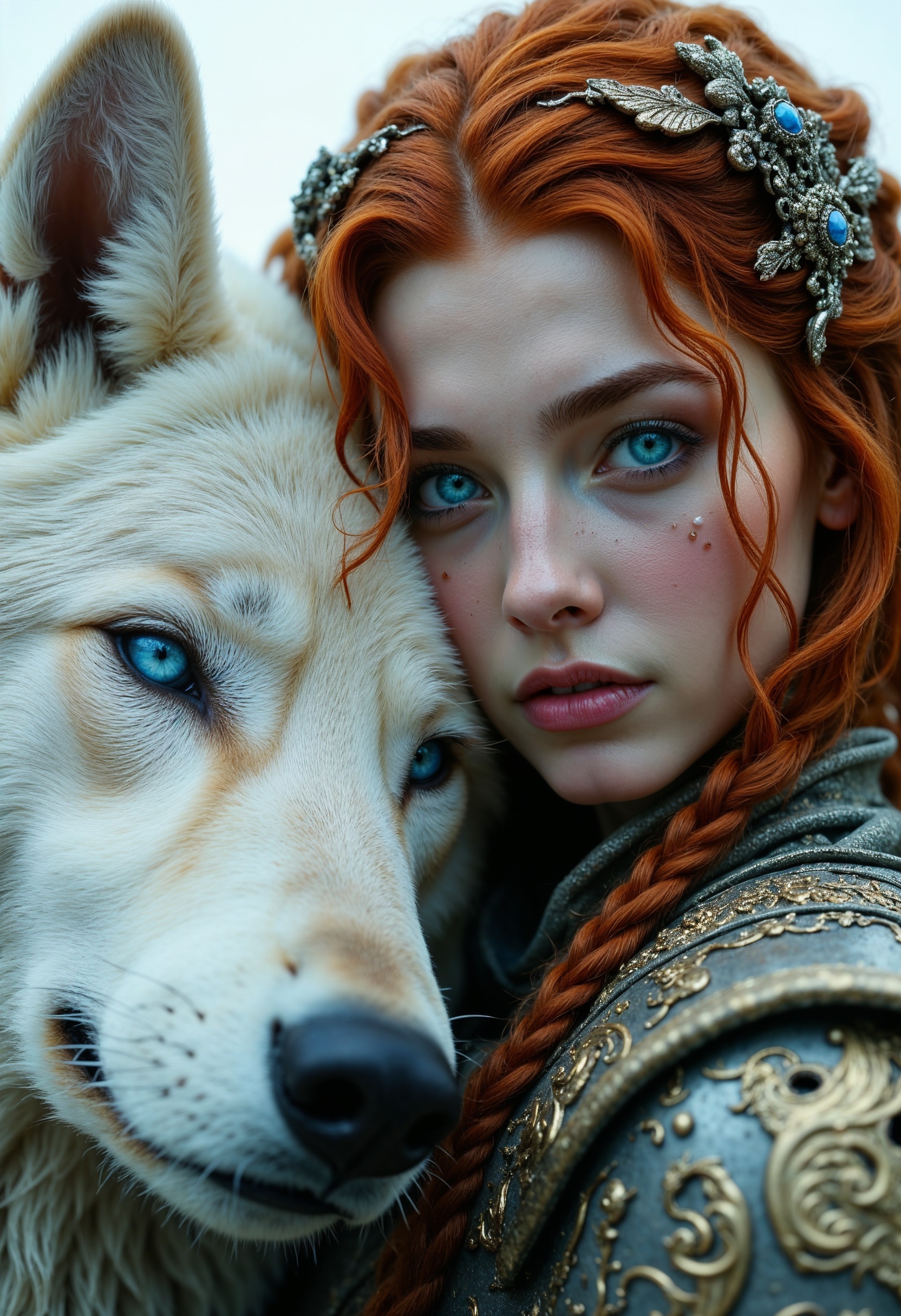R3alisticF, Face close up, gorgeous perfect eyes, highly detailed eyes, glossy lips. Highly detailed and stylized fantasy, a young woman with long, wavy red hair intricately braided, wearing ornate, silver and bronze medieval armor with elaborate engravings. Her skin is fair, and her expression is serene as she embraces a large, white wolf with striking blue eyes. The wolf's fur is textured and realistic, complementing the intricate details of the woman's armor. The background is a soft, muted white, emphasizing the subjects. The overall composition conveys a sense of companionship and strength, with a focus on the bond between the woman and the wolf. The image is rich in texture and detail, showcasing a harmonious blend of fantasy elements and realistic features. (maximum ultra high definition image quality and rendering:3), maximum image detail, maximum realistic render, (((ultra realist style))), realist side lighting, , 8K high definition, realist soft lighting, (amazing special effect:3.5) <lora:FluxMythR3alisticF:1>