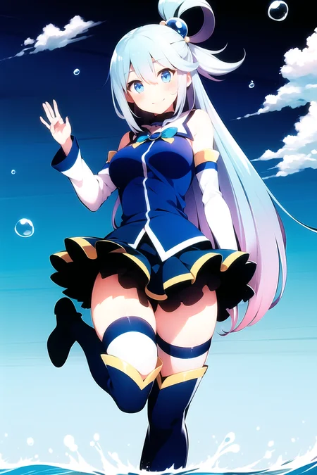 aqua \(konosuba\),
1girl, blue eyes, blue footwear, blue hair, blue thighhighs, blush, boots, breasts, bubble, detached sleeves, hair ornament, hair rings, leg up, long hair, looking at viewer, medium breasts, open hand, single hair ring, skirt, smile, solo, standing, standing on one leg, thigh boots, thighhighs, very long hair, water, white thighhighs,
kono subarashii sekai ni shukufuku wo!,
<lora:aqua_konosuba-000035:0.6>