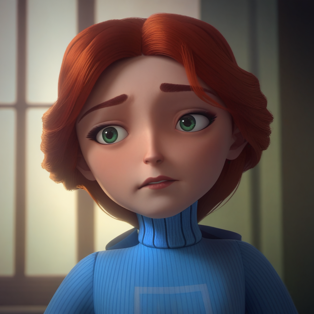 score_9_up, score_8_up, BREAK, VirginiaOtis, 1girl, solo, red hair, green eyes, blue sweater, turtleneck, upper body,  <lora:VirginiaOtis_TheCantervilleGhost_PXL_Leaf2:1>,