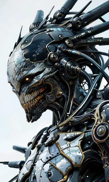 A hyper-realistic CGI image of a monstrous cybernetic creature with glowing blue eyes and intricate mechanical armor. The background is dark enhancing the creature's menacing otherworldly appearance. <lora:- NAI - ac_illustration_V1.0-step00011000:.4> <lora:- NAI - PdJ_highres_counterweight_V.2.0-step00021000:0.7> <lora:- iLL - the_edgy_mech_V3.0:0.4>