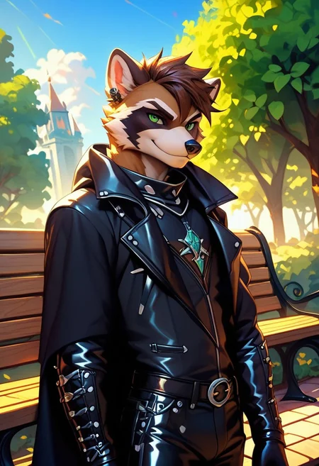 score_9, score_8_up, score_7_up,score_9, score_8_up, score_7_up, ((cowboy shot)), park, park bench, sittingBREAK, ((High fantasy art style)), solo, male, anthro raccoon, black hooded cloak, (black leather breastplate), black leather greaves, black leather pauldrons, black leather boots, brown hair, ((detailed green eyes)), ((Masterpiece), (absurdres), (shadowy), (mysterious), smirk
